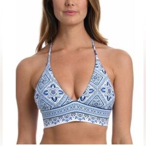 La Blanca Blue and White Geometric Bikini Top